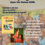Ein Plakat mit dem Programm des Kinderprogramms des Open AIr HAmm e.V. Für den 08.07.2023. Der Textinhalt wird im Fließtextnoch einmal erwähnt.